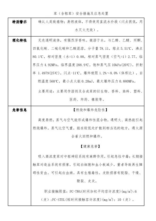 苯(含粗苯)安全措施及应急处置