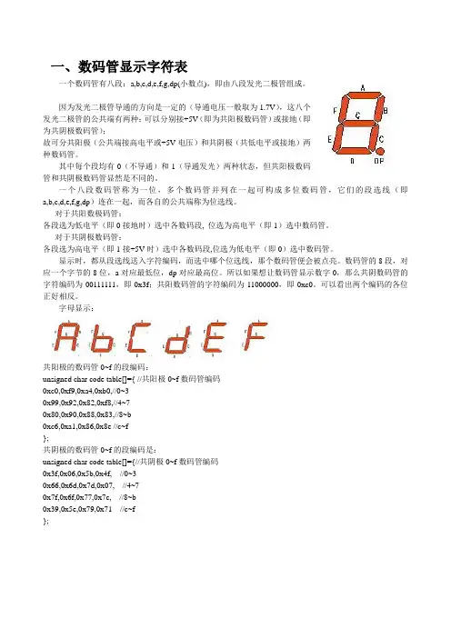 数码管二进制和十六进制字符编码表