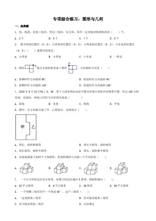 专项综合练习图形与几何(专项练习)六年级下册数学北师大版