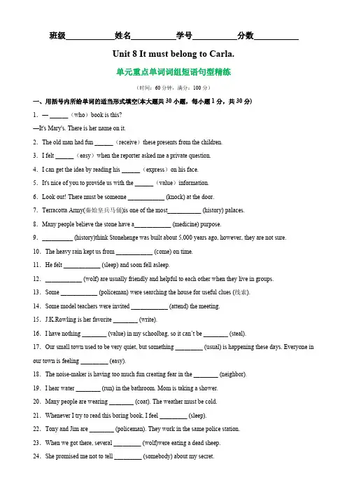 2022-2023学年九年级英语全一册Unit8单元重点单词词组短语句型精练(人教版)