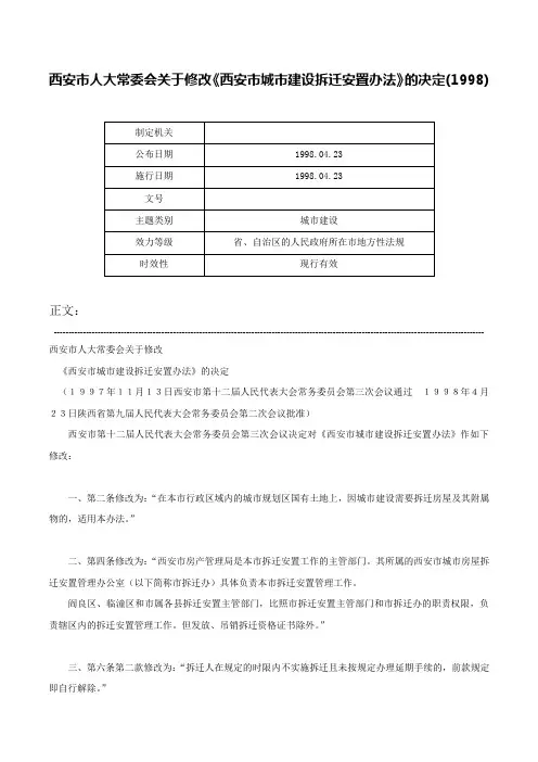 西安市人大常委会关于修改《西安市城市建设拆迁安置办法》的决定(1998)-