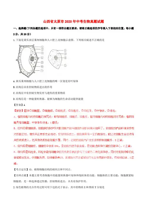 山西省太原市2020年中考生物真题试题(含解析)