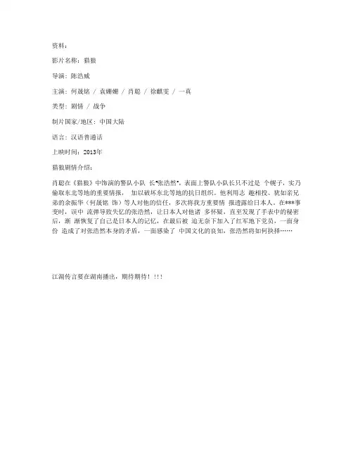 陈浩威导演电视剧《猎狼》何时播出？？？