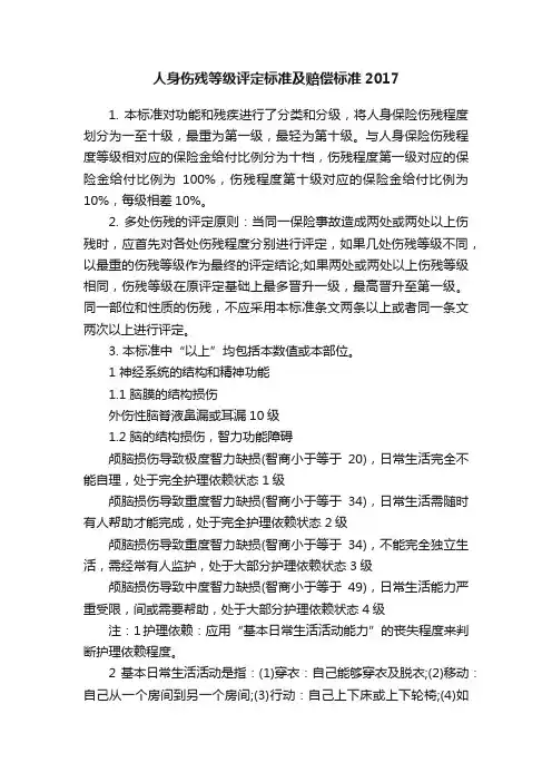 人身伤残等级评定标准及赔偿标准2017