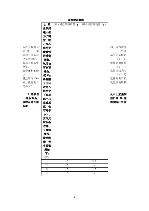 碳酸钙与盐酸反应表格型计算题