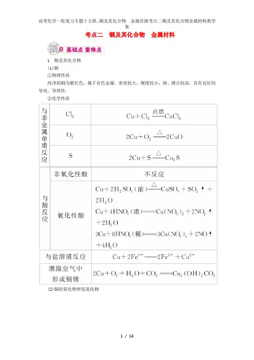 高考化学一轮复习专题十五铁、铜及其化合物 金属资源考点二铜及其化合物金属材料教学案