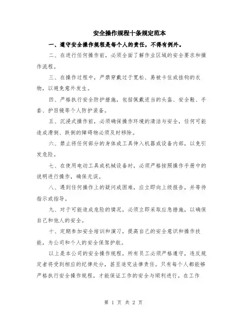 安全操作规程十条规定范本