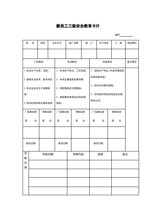 三级安全教育卡模板