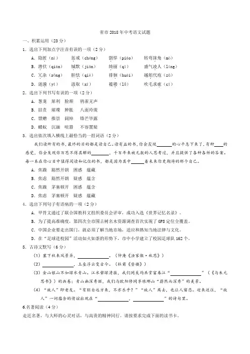 33-湖北省孝感市2018年中学考试语文精彩试题