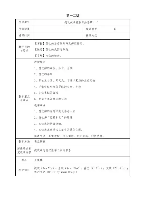中医专业金匮要略教案第12讲 痰饮咳嗽病脉证并治第十二