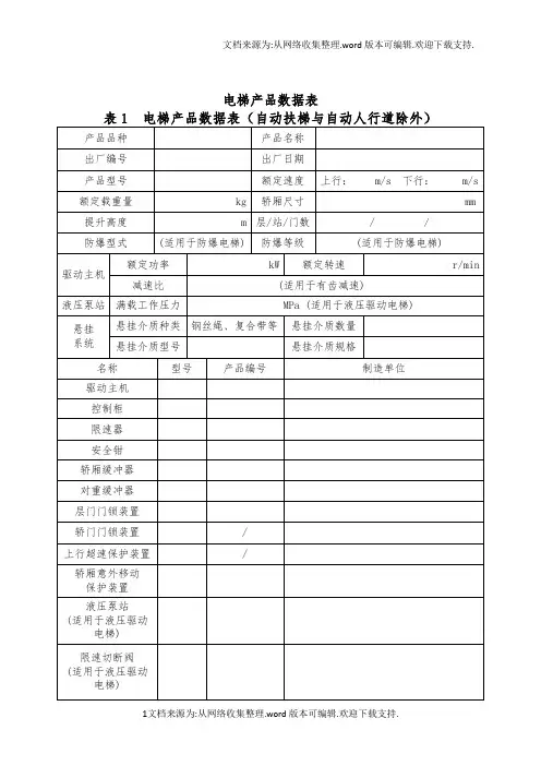 电梯产品数据表