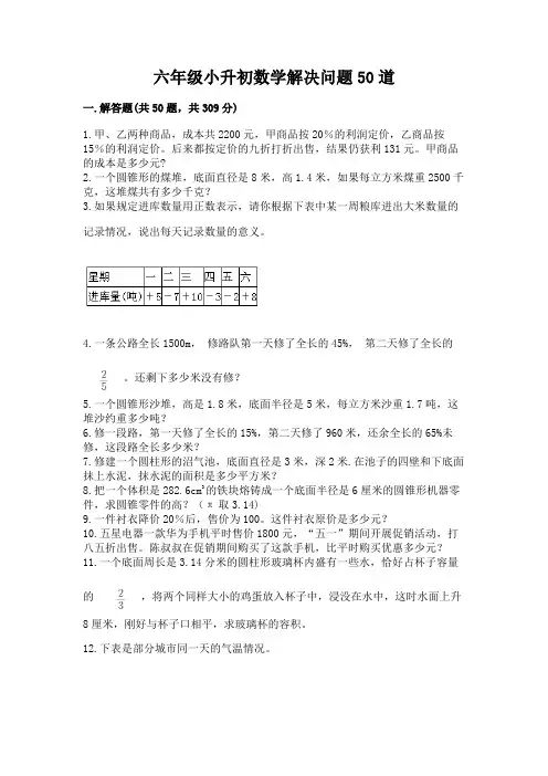 六年级小升初数学解决问题50道(突破训练)word版