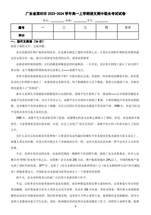 广东省深圳市2023-2024学年高一上学期语文期中考试试卷(含答案)2