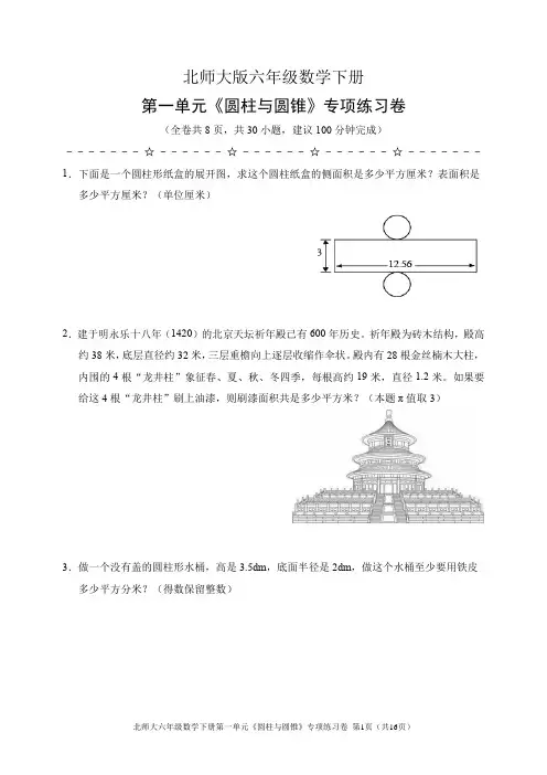 北师大版六年级数学下册第一单元《圆柱与圆锥》专项练习卷(含答案)
