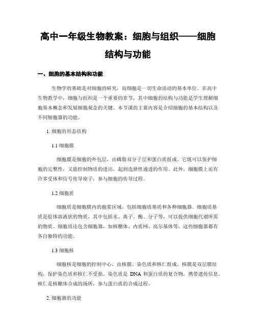 高中一年级生物教案：细胞与组织——细胞结构与功能