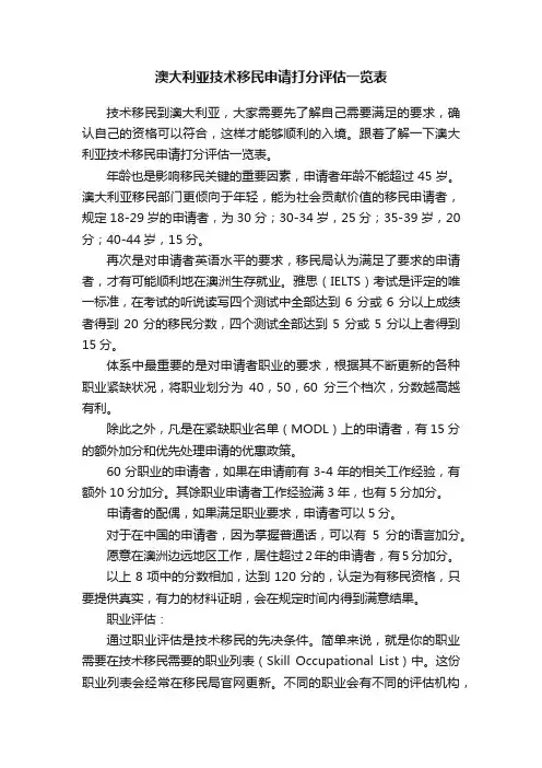 澳大利亚技术移民申请打分评估一览表