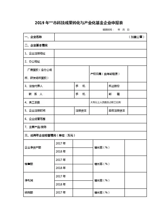 2019年厦门市科技成果转化与产业化基金企业申报表【模板】