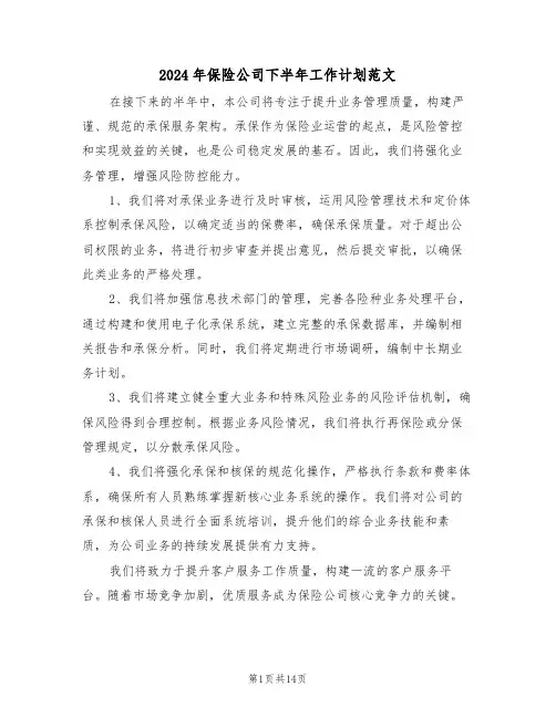 2024年保险公司下半年工作计划范文（七篇）