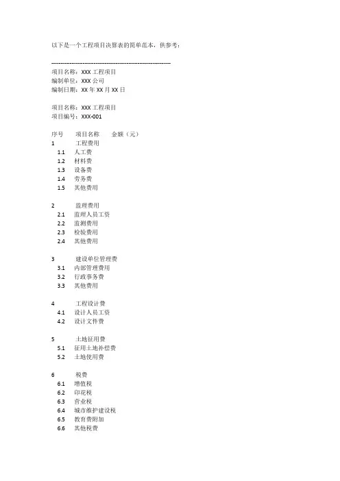 工程项目决算表范本