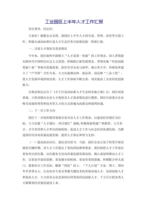 工业园区上半年人才工作汇报