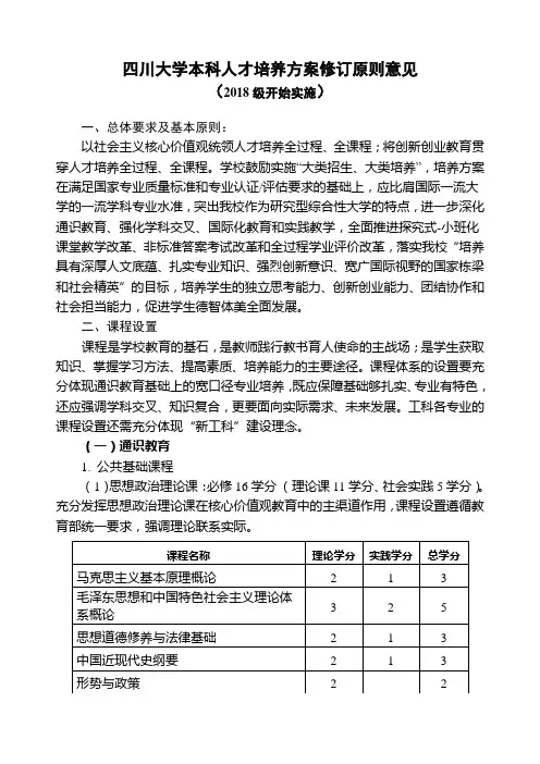 四川大学本科人才培养方案修订原则意见