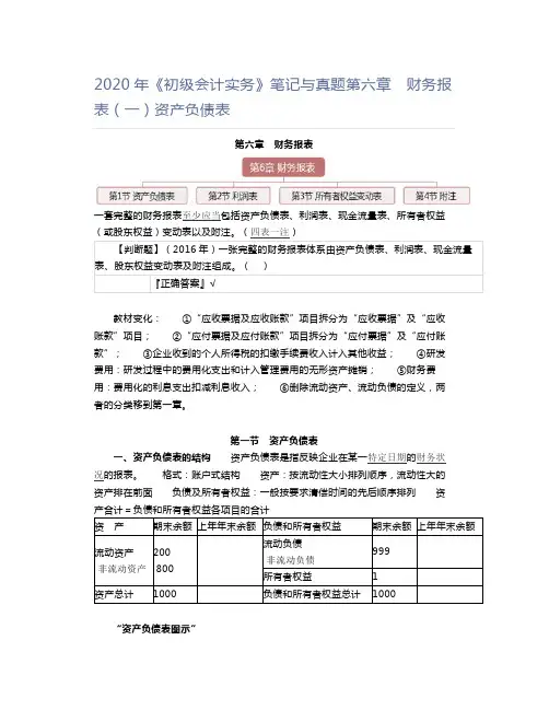 2020年《初级会计实务》笔记与真题第六章 财务报表(一)资产负债表