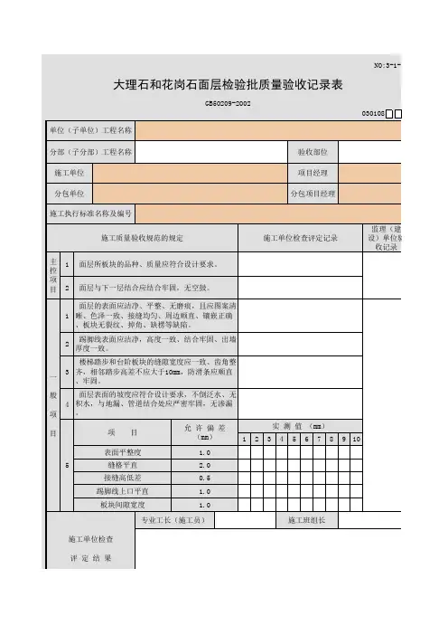 大理石和花岗石面检验批质量验收记录表