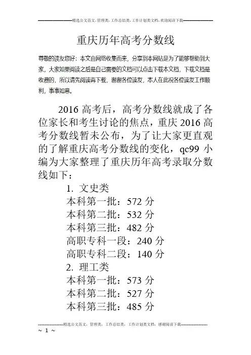 重庆历年高考分数线