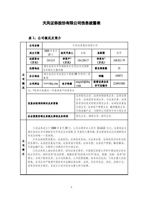 天风证券股份有限公司 一、公司概况及简介