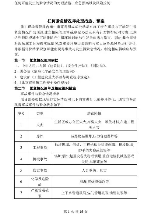 任何可能发生的紧急情况的处理措施、应急预案以及风险控制