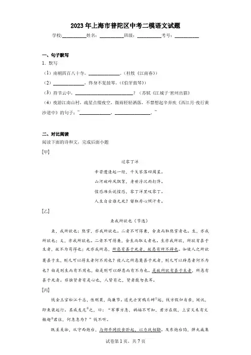2023年上海市普陀区中考二模语文试题