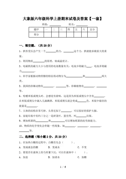 大象版六年级科学上册期末试卷及答案【一套】