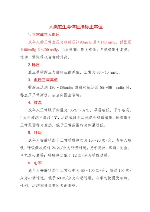 人类的生命体征指标正常值