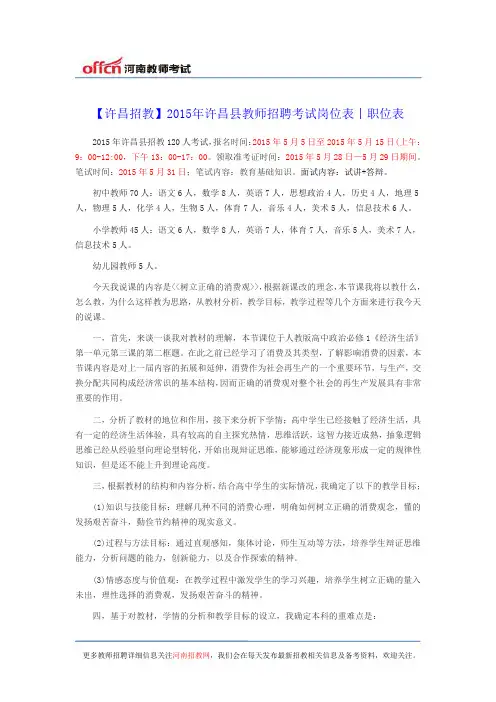 【许昌招教】2015年许昌县教师招聘考试岗位表丨职位表