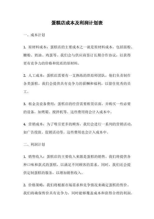 蛋糕店成本及利润计划表