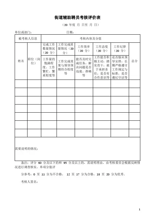 街道辅助聘员考核评价表