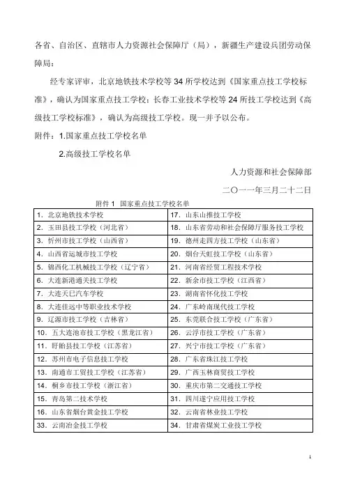 关于公布34所国家重点技工学校和24高级技工学校名单的通知(人社部函[2011]95号)