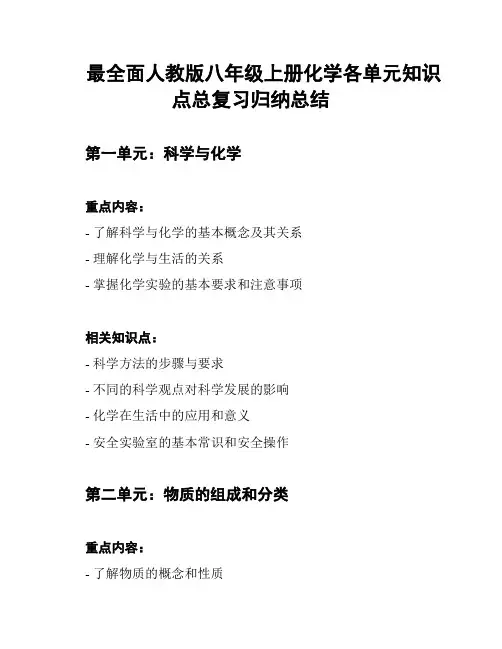 最全面人教版八年级上册化学各单元知识点总复习归纳总结