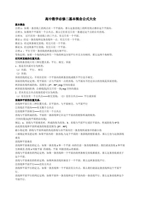 高中数学必修二基本慨念公式大全
