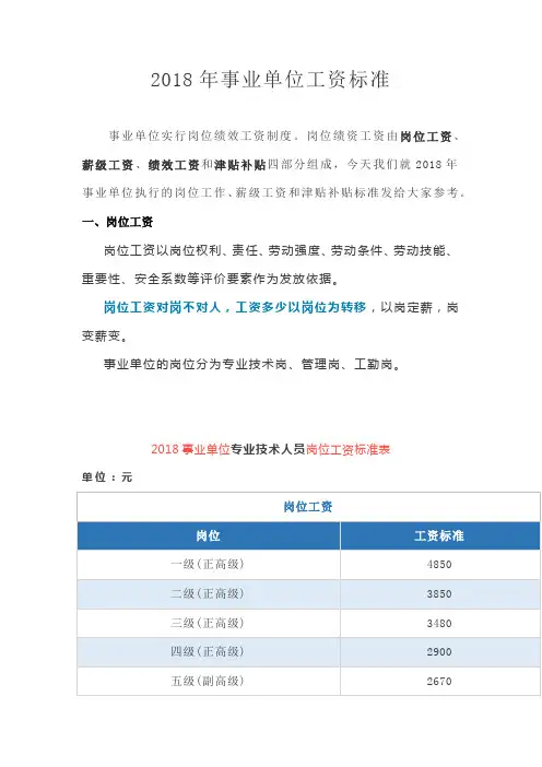 2018年事业单位工资标准