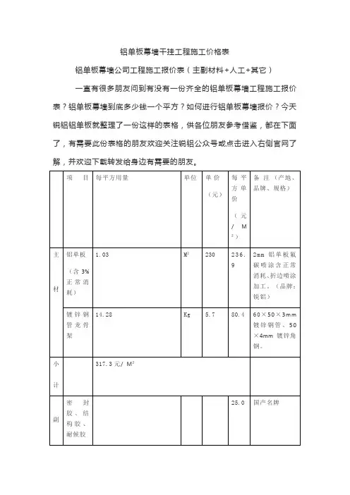 铝单板幕墙干挂工程施工价格表