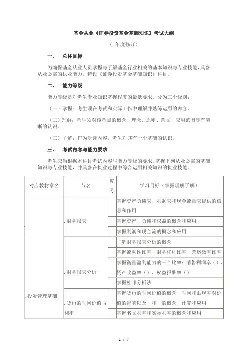 基金从业《证券投资基金基础知识》考试大纲