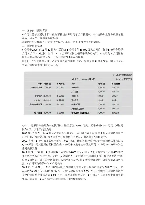 非同一控制下吸收合并非全资子公司案例(原创)