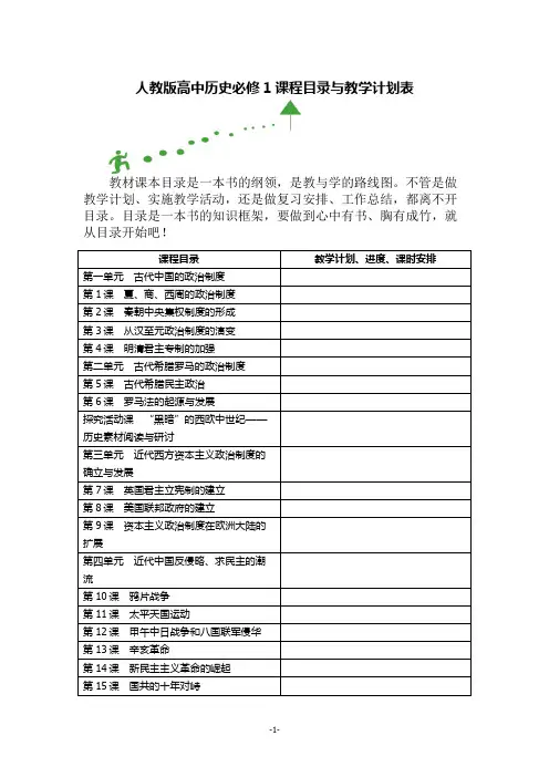 人教版高中历史必修1课程目录与教学计划表