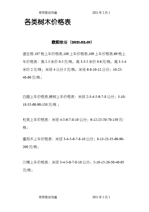 各类树木价格表之欧阳歌谷创作