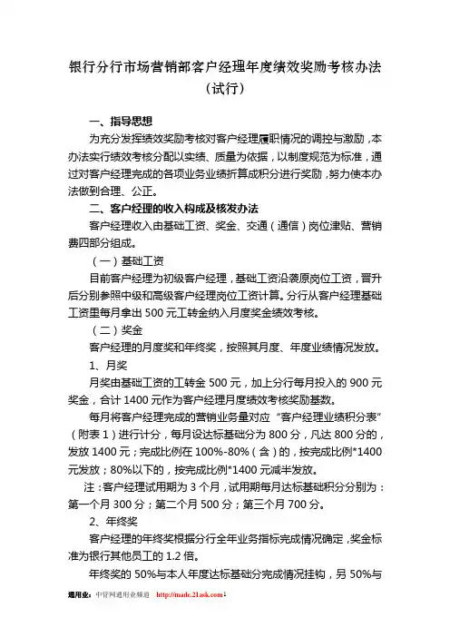 银行分行市场营销部客户经理年度绩效奖励考核办法