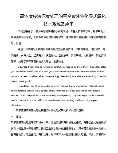 高浓度废液深度处理的真空紫外催化湿式氧化技术系统及应用