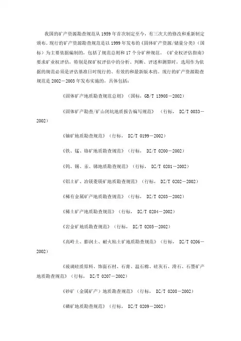 各种矿产资源勘查规范名称