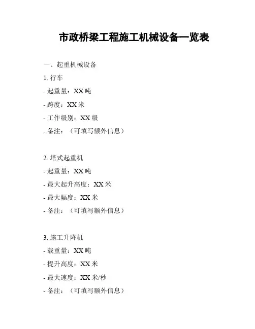 市政桥梁工程施工机械设备一览表