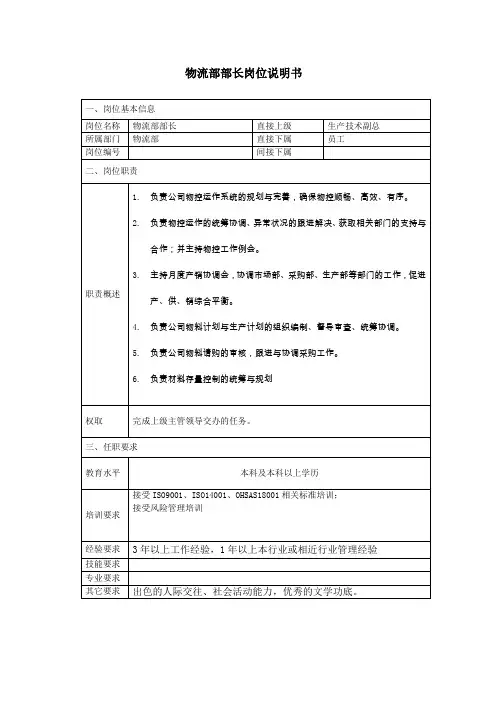 物流部岗位职责说明书